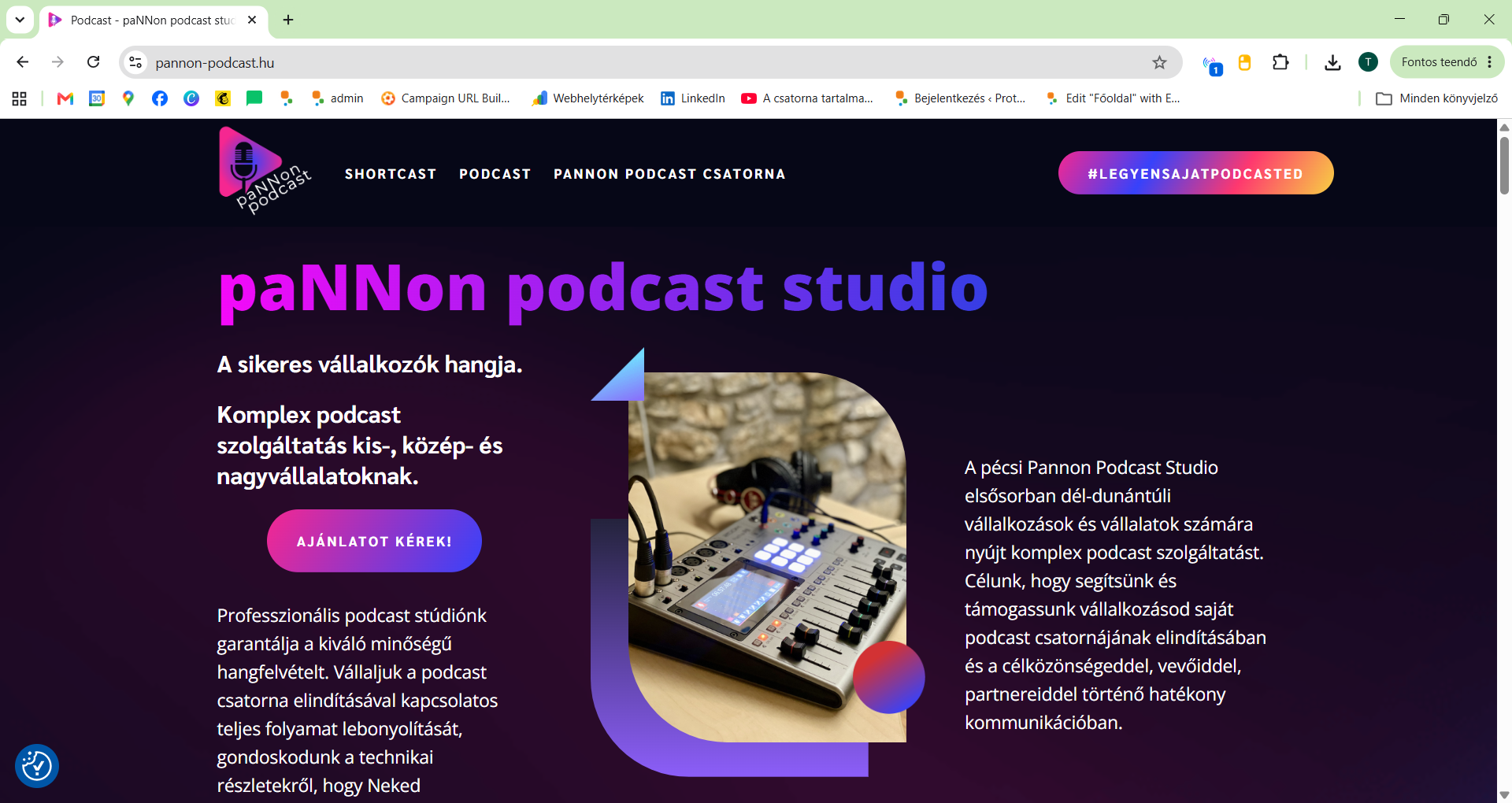 A paNNon podcast studio weboldalának nyitóoldala