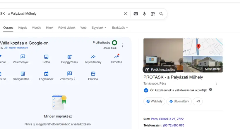 A Protask Google Cégprofiljának részlete