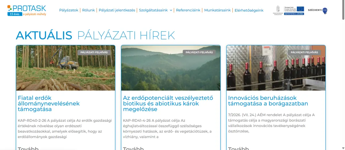 A Protask pályázati műhely aktuális pályázati híreket bemutató oldala
